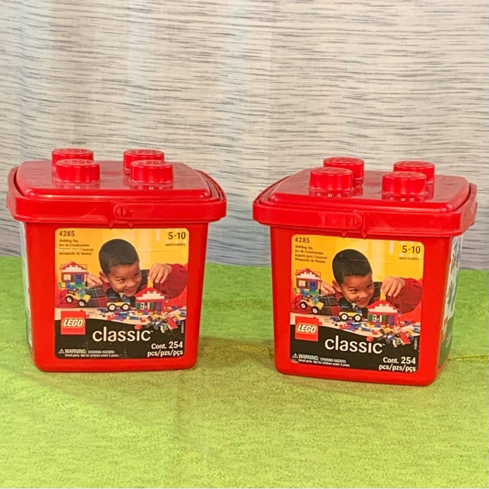 2 Empty LEGO Classic Red Containers with Lids and Handles.